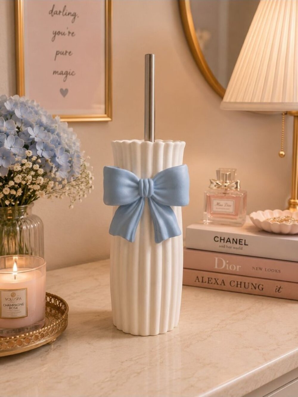 New Blue & White Ribbed Girly Coquette Bow Toilet Brush Holder Bathroom